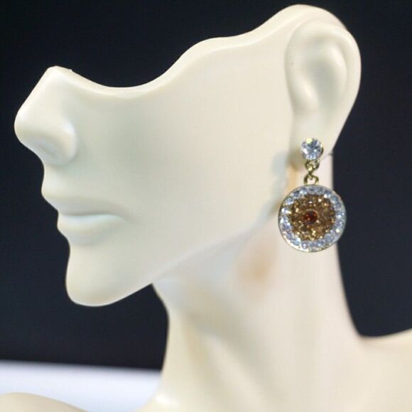 Round Disc Shape Bling Rhinestone Circle Drop Earrings Gold Silver Color - Picture 2 of 5